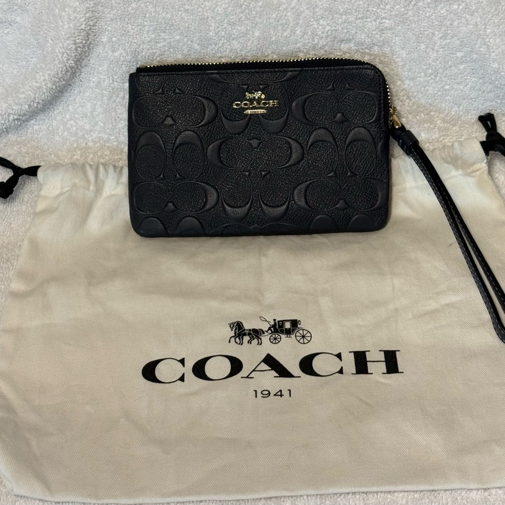 Coach Navy Blue Embossed Leather Zip Wristlet with Gold Hardware